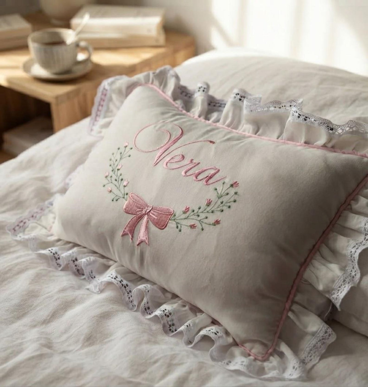 Flockenherz® Personalisierter Kissenbezug fürs Kinderzimmer (30 x 40 cm) aus Bio-Baumwoll-Satin mit Verstecktem Reißverschluss – Handgestickter Namen-Kissenbezug mit Blumenmotiv