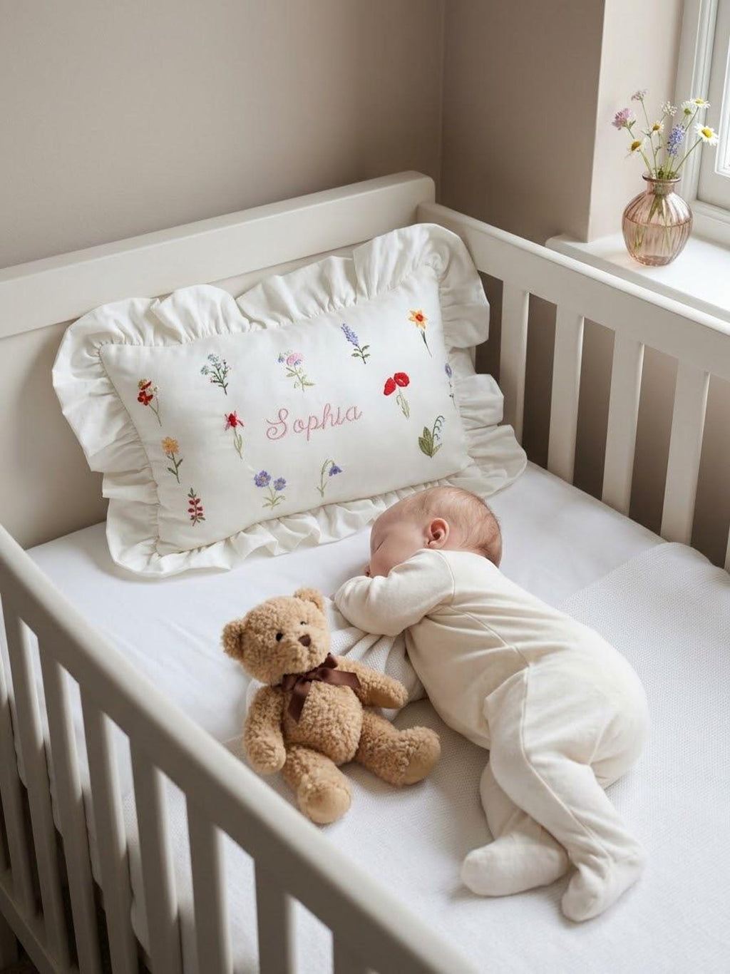 Flockenherz® Personalisierter Kissenbezug fürs Kinderzimmer (30 x 40 cm) aus Bio-Baumwoll-Satin mit Verstecktem Reißverschluss – Handgestickter Namen-Kissenbezug mit Blumenmotiv