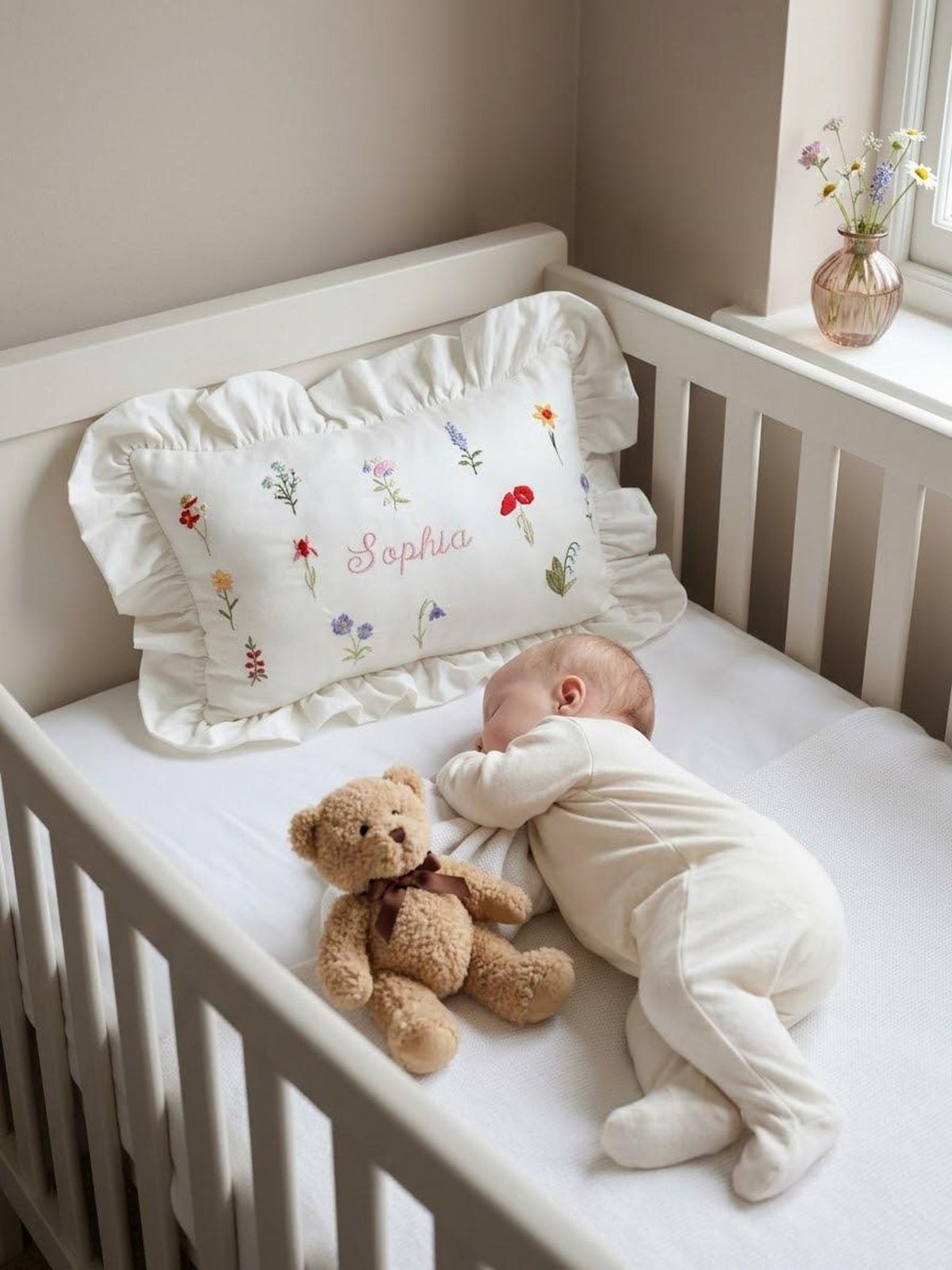 Flockenherz® Personalisierter Kissenbezug fürs Kinderzimmer (30 x 40 cm) aus Bio-Baumwoll-Satin mit Verstecktem Reißverschluss – Handgestickter Namen-Kissenbezug mit Blumenmotiv