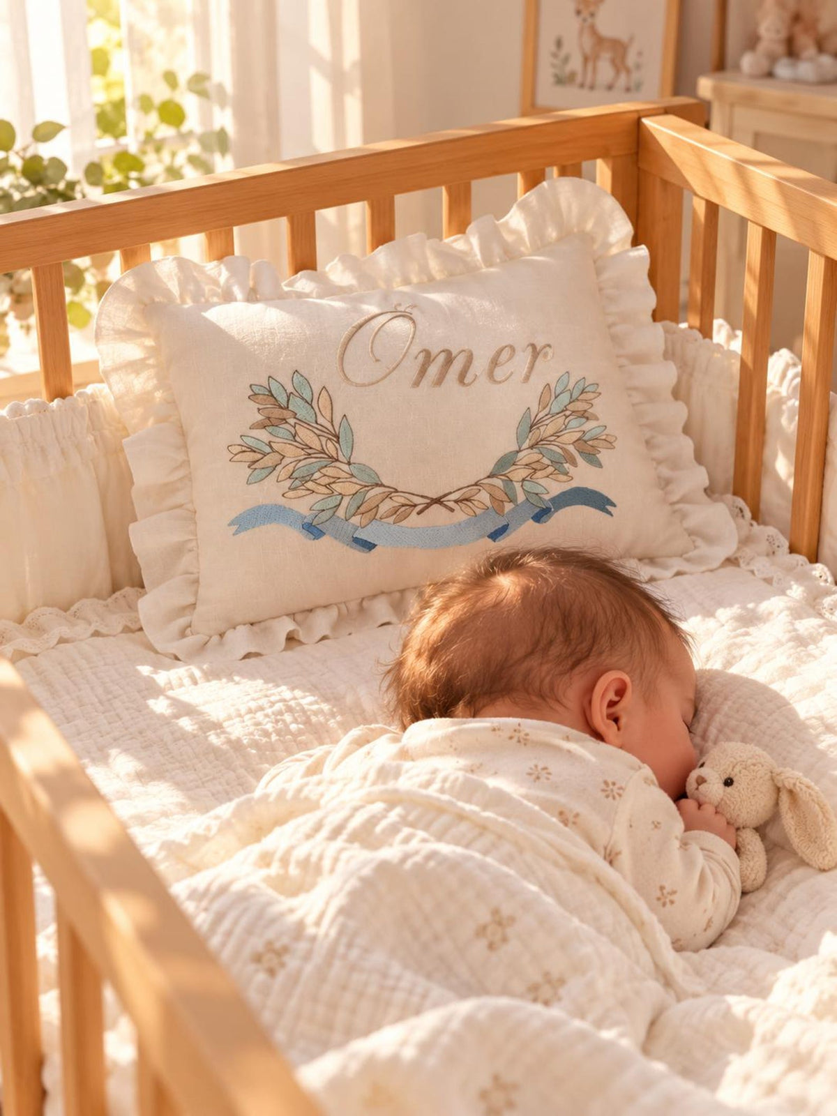 Flockenherz® Personalisierter Kissenbezug fürs Kinderzimmer (30 x 40 cm) aus Bio-Baumwoll-Satin mit Verstecktem Reißverschluss – Handgestickter Namen-Kissenbezug mit Blumenmotiv