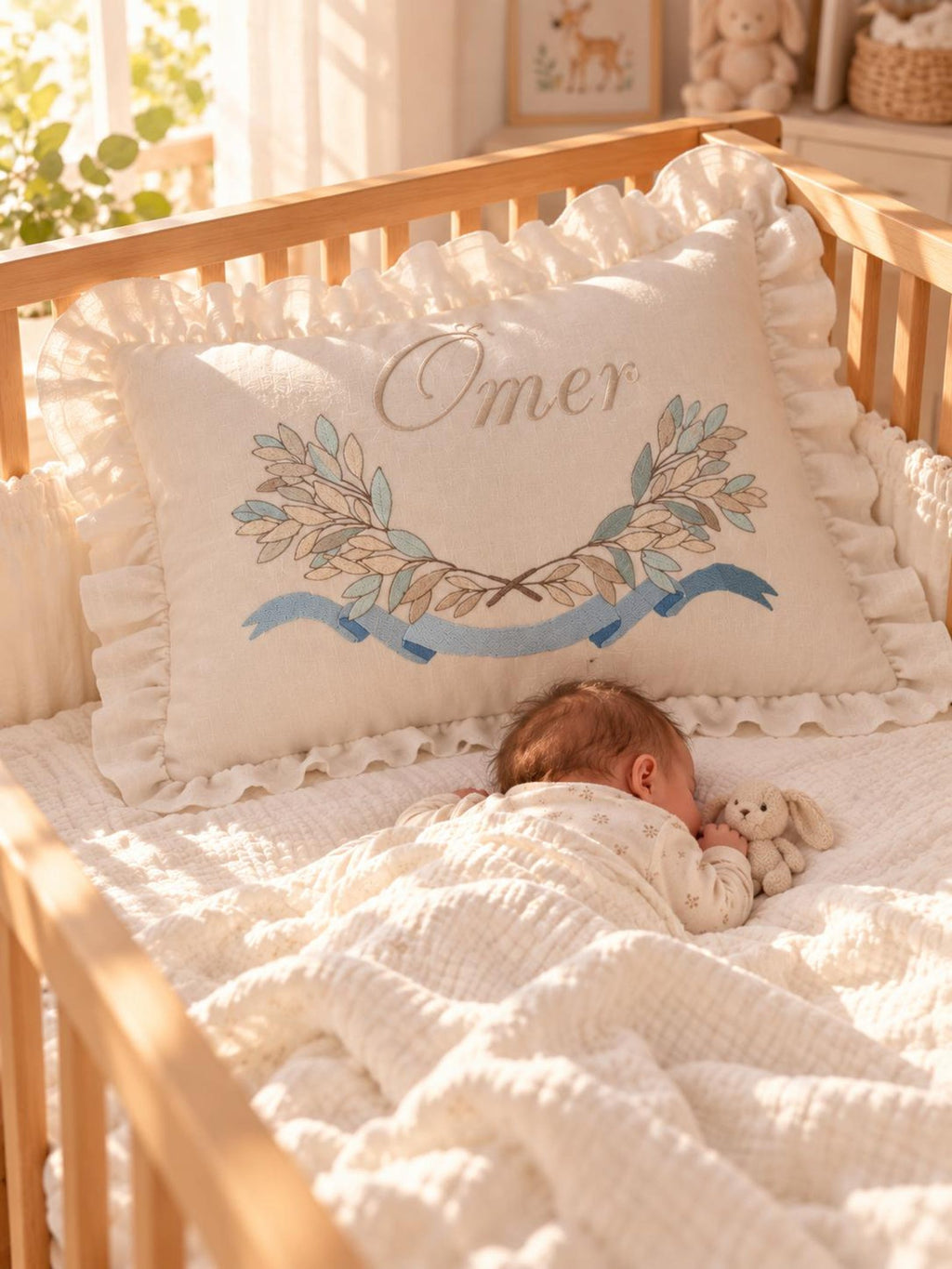 Flockenherz® Personalisierter Kissenbezug fürs Kinderzimmer (30 x 40 cm) aus Bio-Baumwoll-Satin mit Verstecktem Reißverschluss – Handgestickter Namen-Kissenbezug mit Blumenmotiv