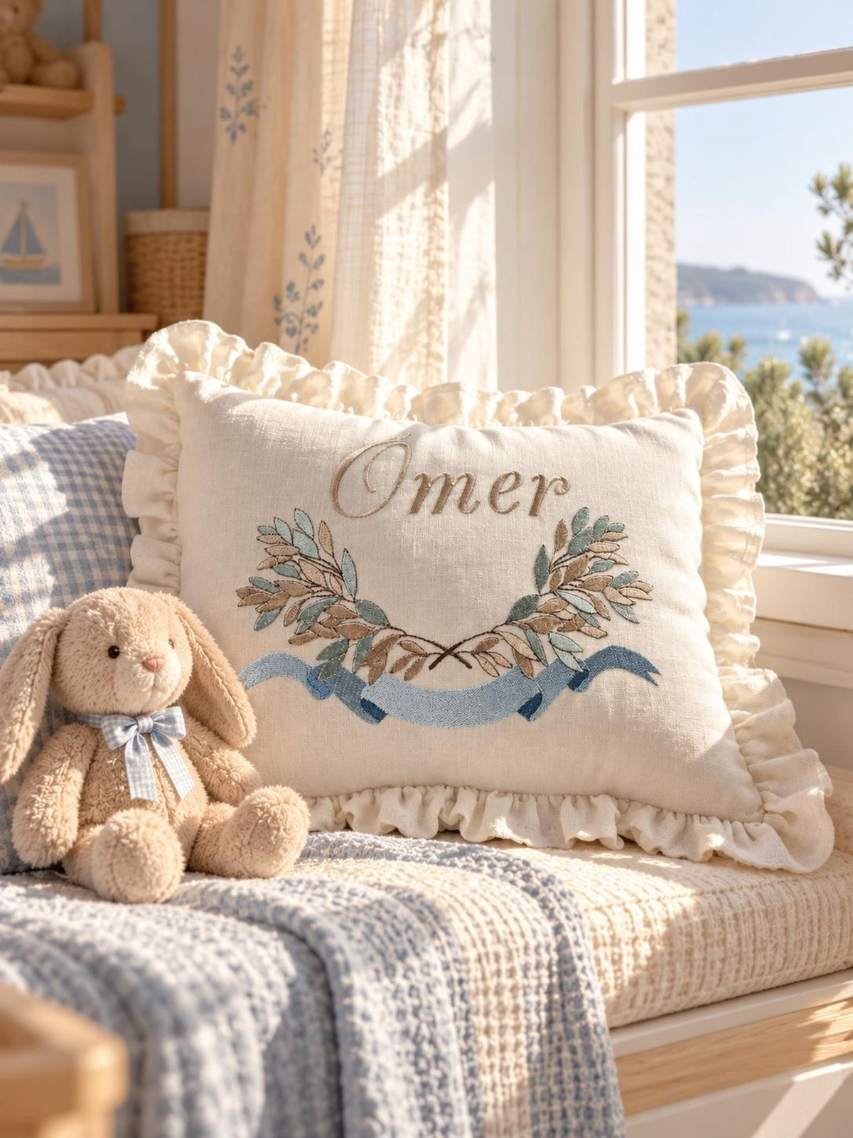 Flockenherz® Personalisierter Kissenbezug fürs Kinderzimmer (30 x 40 cm) aus Bio-Baumwoll-Satin mit Verstecktem Reißverschluss – Handgestickter Namen-Kissenbezug mit Blumenmotiv